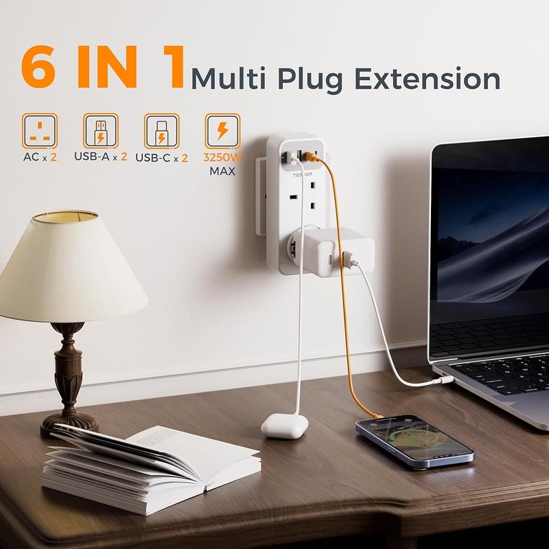 TESSAN Double Plug Adaptor with 4 USB(2 USB C) - Image 1