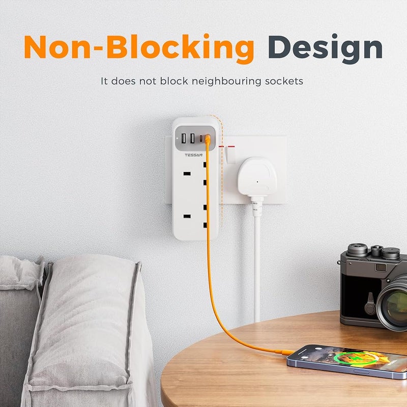 TESSAN Double Plug Adaptor with 4 USB(2 USB C) - Image 5