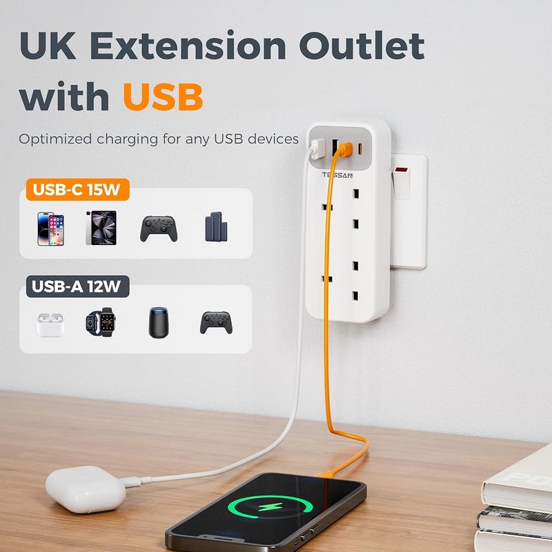TESSAN Double Plug Adaptor with 4 USB(2 USB C) - Image 2