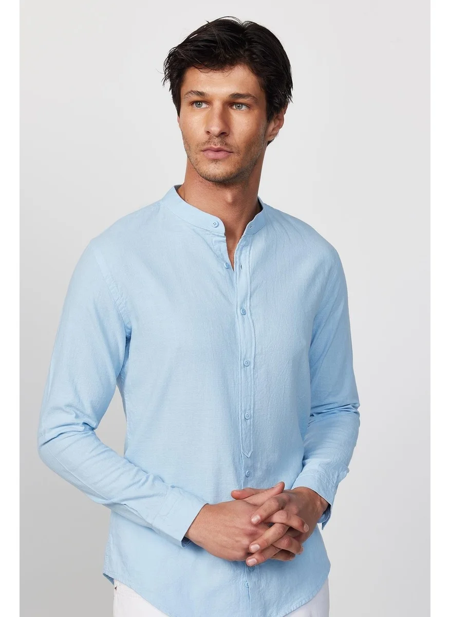 تودورس Slim Fit Long Sleeve Tight Fit Magnificent Collar Cotton Linen Texture Blue Shirt