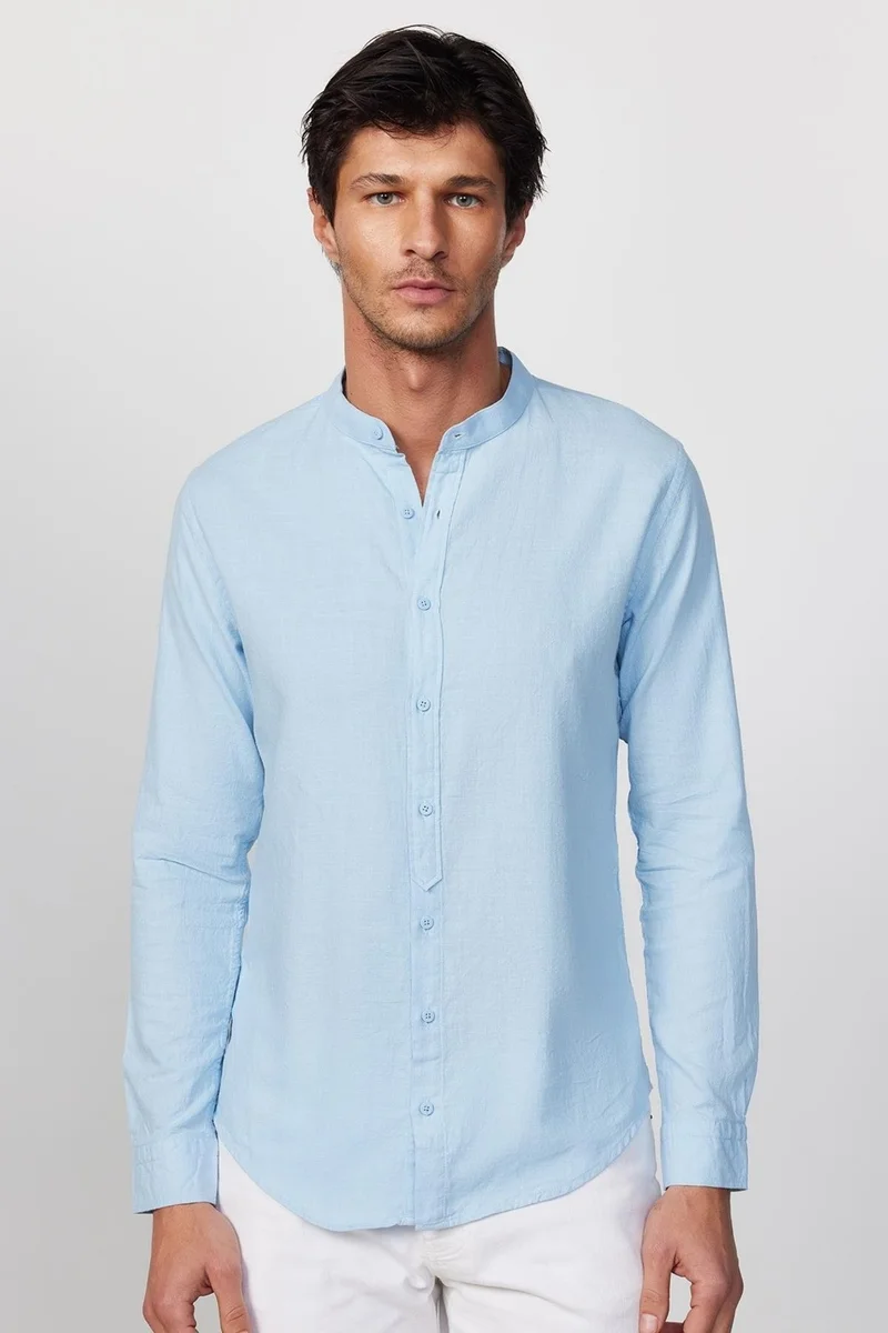 تودورس Slim Fit Long Sleeve Tight Fit Magnificent Collar Cotton Linen Texture Blue Shirt