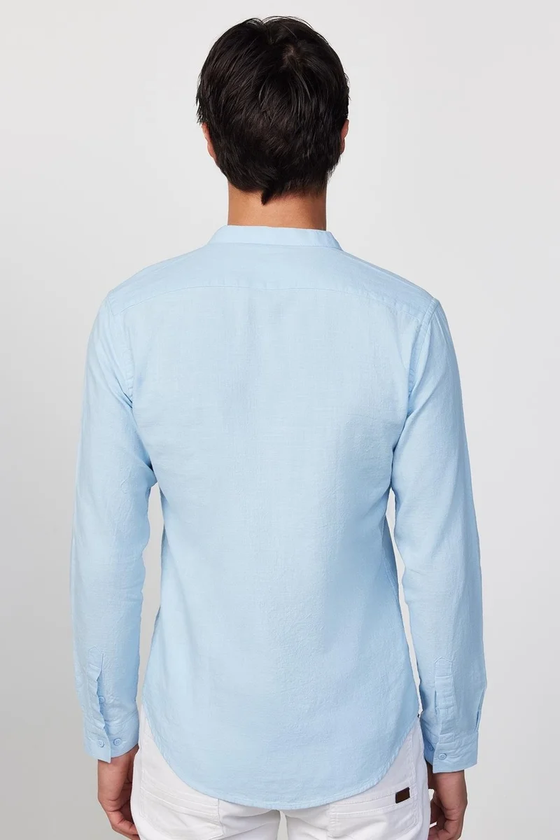 تودورس Slim Fit Long Sleeve Tight Fit Magnificent Collar Cotton Linen Texture Blue Shirt