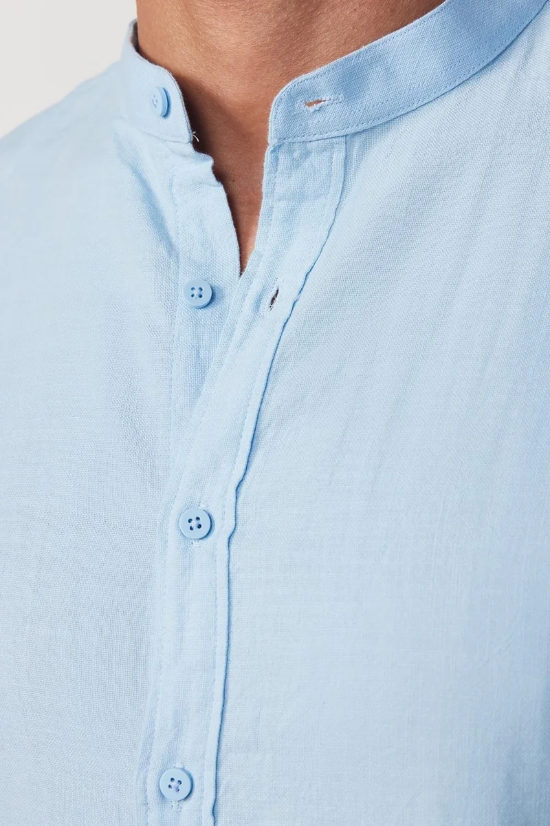 تودورس Slim Fit Long Sleeve Tight Fit Magnificent Collar Cotton Linen Texture Blue Shirt