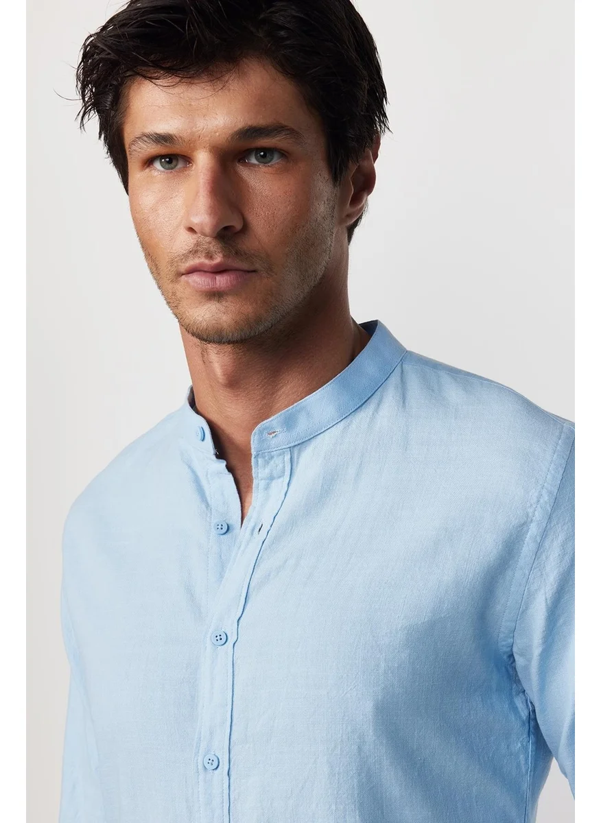 تودورس Slim Fit Long Sleeve Tight Fit Magnificent Collar Cotton Linen Texture Blue Shirt