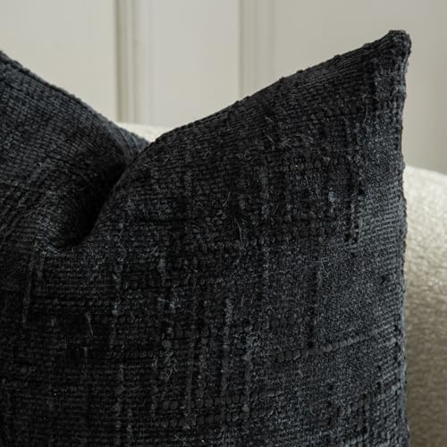 MANDIOO Pack of 2 Soft Chenille Textured Throw Pillow Covers Square Accent Solid Decorative Cushion Cover Cozy Farmhouse Pillow Case for Couch Sofa Bed Living Room 20x20 Inch Black - Image 3