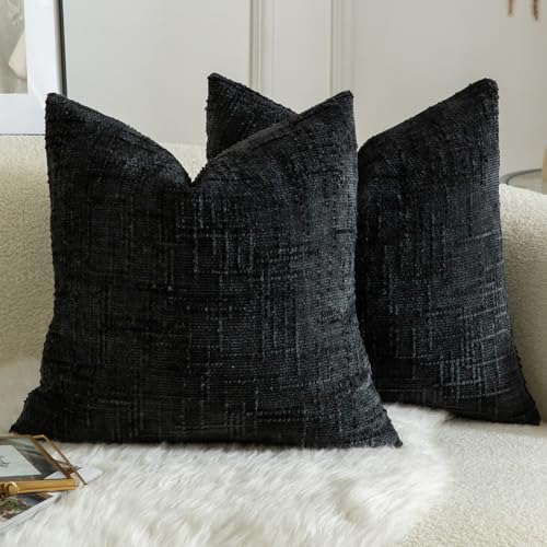MANDIOO Pack of 2 Soft Chenille Textured Throw Pillow Covers Square Accent Solid Decorative Cushion Cover Cozy Farmhouse Pillow Case for Couch Sofa Bed Living Room 20x20 Inch Black - Image 1