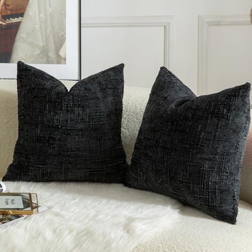 MANDIOO Pack of 2 Soft Chenille Textured Throw Pillow Covers Square Accent Solid Decorative Cushion Cover Cozy Farmhouse Pillow Case for Couch Sofa Bed Living Room 20x20 Inch Black - Image 2