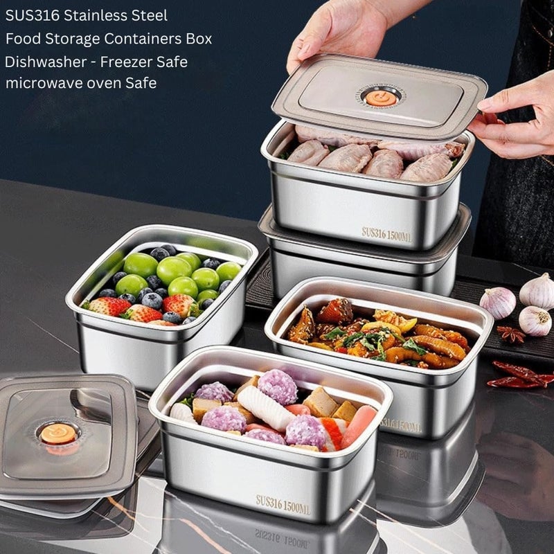GALV 1500 ml Stainless Steel Food Storage Containers Food Grade Fridge Storage Box Leakproof Portable Kitchen Organizer with Airtight Lids Set FreshnessMicrowavable188x135cmSilver 2 pcs - Image 3