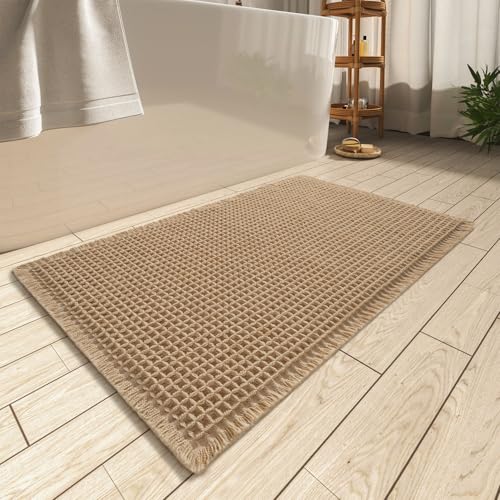 AMOAMI Upgraded Waffle Bath Mat Super Absorbent Non Slip Bath Mats for Bathroom Floor Machine Washable Bathroom Rugs with Tassels Rubber Backed Bathroom Mat Ultra Soft Brown 24 x 36