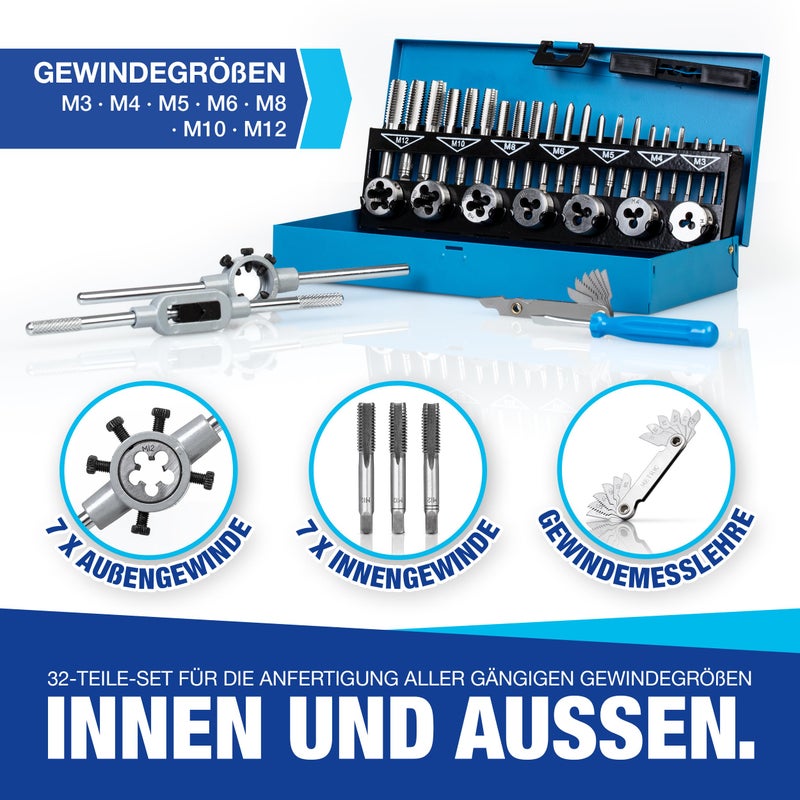 NTG Thread Cutting Set 32 Pieces Including Storage Case M3, M4, M5, M6, M8, M10, M12 for Internal and External Thread – Precise and Reliable - Image 2