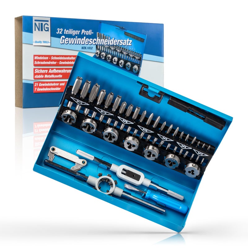 NTG Thread Cutting Set 32 Pieces Including Storage Case M3, M4, M5, M6, M8, M10, M12 for Internal and External Thread – Precise and Reliable - Image 1