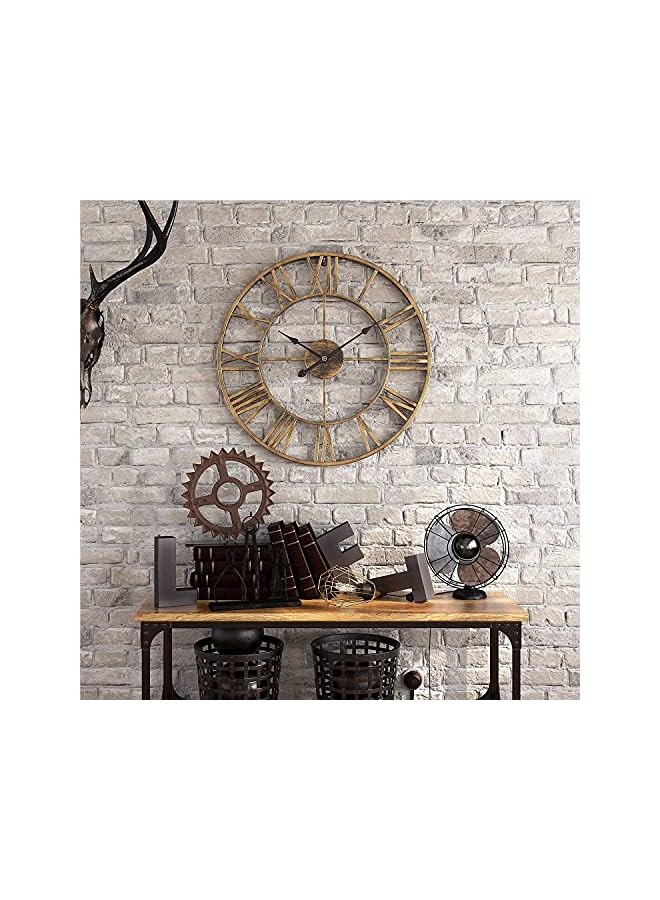 The Bros ساعة حائط معدنية كبيرة طراز المزرعة، دائرية، صامتة، غير مزعجة، تعمل بالبطارية 40 سم، فضية عتيقة، ساعة أرقام رومانية لطراز المزرعة لغرفة المعيشة/غرفة النوم، ديكور حائط عتيق (ذهبي عتيق-40 سم) - Image 3