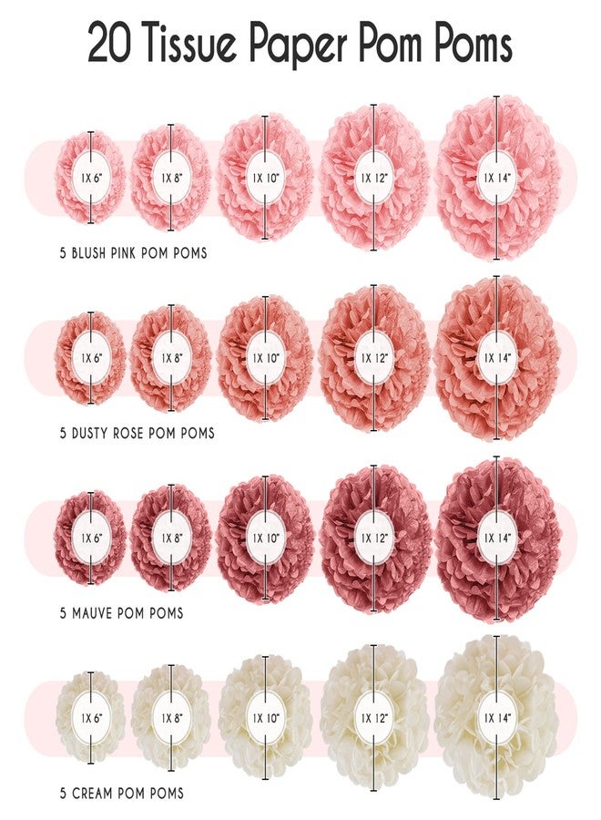 EpiqueOne 20 Piece Tissue Paper Pom Poms | Blush Pink, Dusty Rose, Mauve & Cream | Colorful Paper Flower Wall Decorations for Bridal Showers, Baby Showers, Weddings, Graduations, Tea Parties & More - Image 2