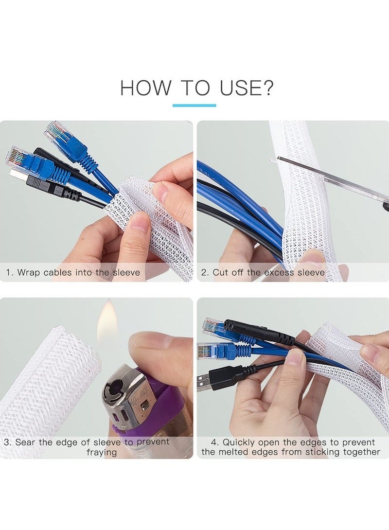 Adjustable Braided Cable Sleeve, Wire Management Sleeve Hider for TV, Desk PC, Cable Wraps with Flame Retardancy, Wires Organizer and Protector (White/2m) - Image 3