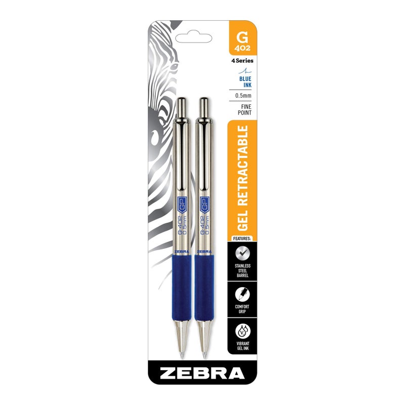 Zebra Pen STEEL G-402 Retractable Gel Pens - 0.5mm Fine Point - Smooth Blue Ink - Rapid Dry Ink for No Smears or Smudges - Refillable Stainless Steel Writing Pens for Office, School - 2 Pack (49922) - Image 1