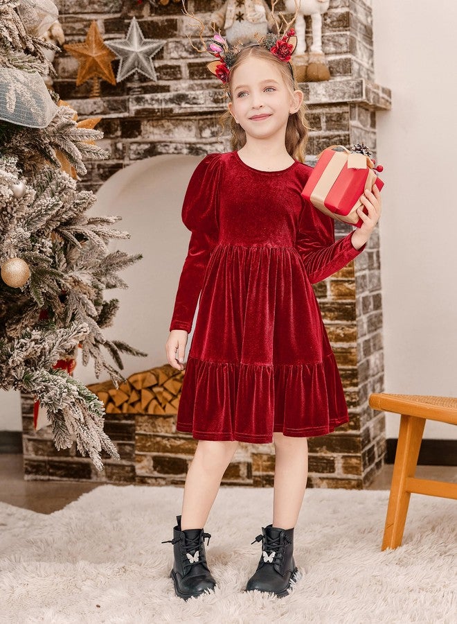 Arshiner فستان أرشينر المخملي للأطفال بنات بأكمام طويلة منفوشة وياقة دائرية لحفلات الخريف والشتاء مع جيوب باللون الأحمر 2-3 سنوات - Image 5