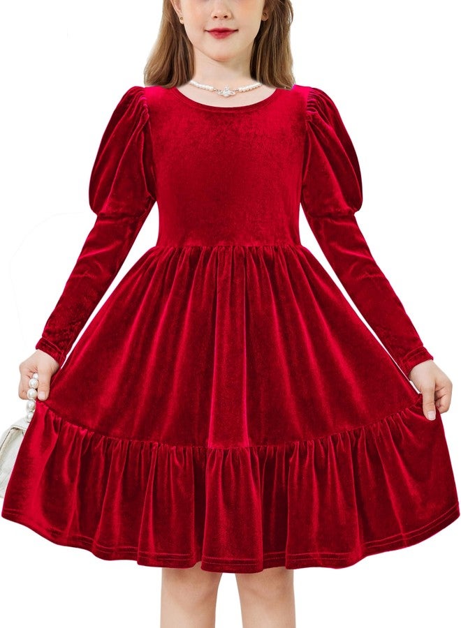 Arshiner فستان أرشينر المخملي للأطفال بنات بأكمام طويلة منفوشة وياقة دائرية لحفلات الخريف والشتاء مع جيوب باللون الأحمر 2-3 سنوات - Image 1