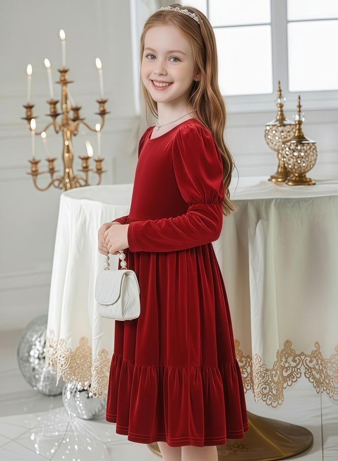 Arshiner فستان أرشينر المخملي للأطفال بنات بأكمام طويلة منفوشة وياقة دائرية لحفلات الخريف والشتاء مع جيوب باللون الأحمر 2-3 سنوات - Image 3