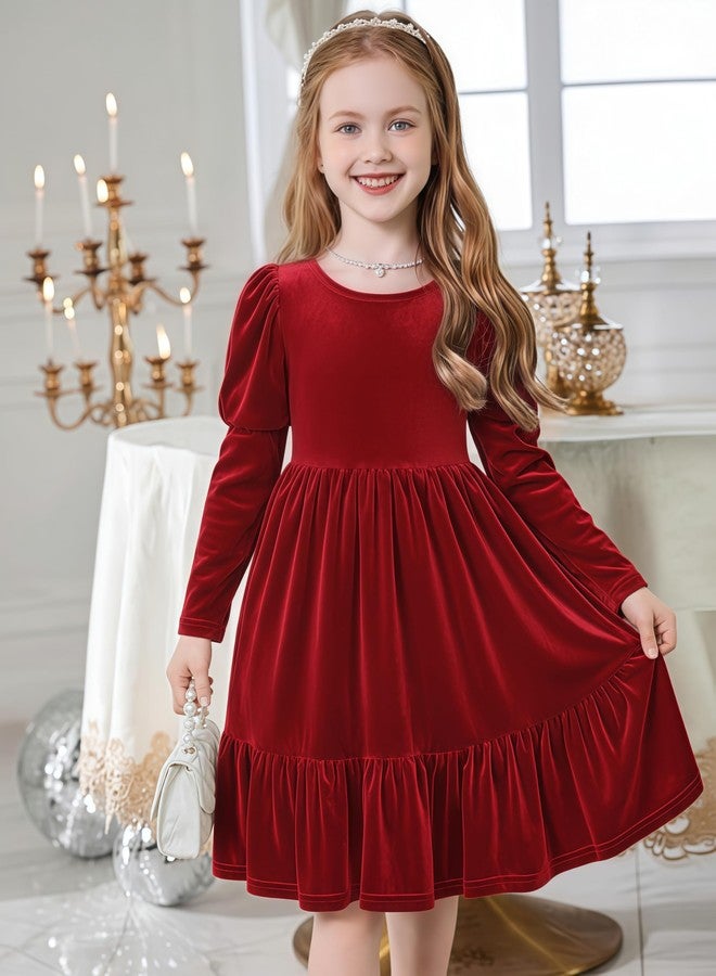 Arshiner فستان أرشينر المخملي للأطفال بنات بأكمام طويلة منفوشة وياقة دائرية لحفلات الخريف والشتاء مع جيوب باللون الأحمر 2-3 سنوات - Image 2