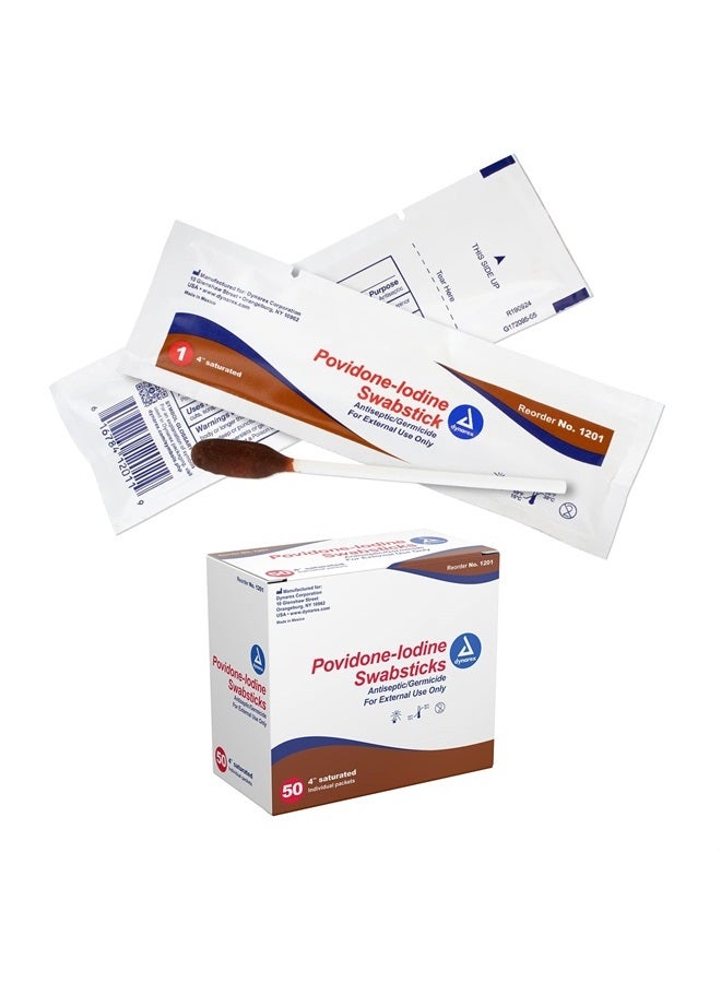 Dynarex Povidone Iodine Swabsticks, Swabstick Packaged in Individual Foil Pack, Antiseptic for Skin Preparation, Brown, 1 Box of 50 Povidone Iodine Swabsticks - Image 1