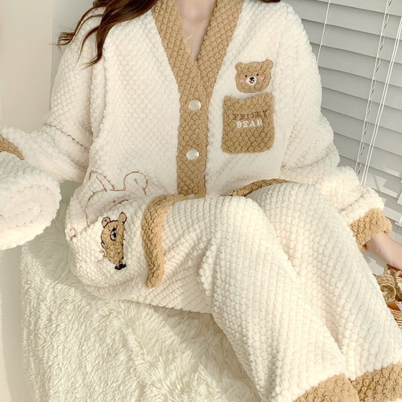 Thick Coral Fleece Maternity Pajamas Set for Nursing 1147bear cute bear 