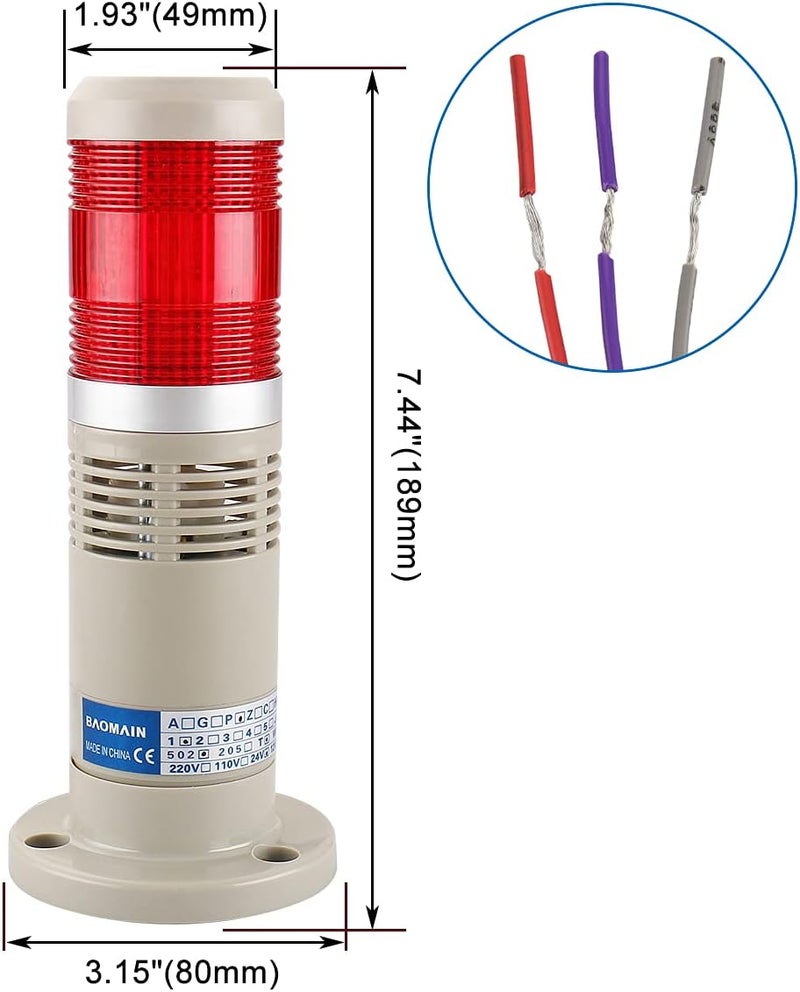 Baomain Alarm Warning Continuous Light 110V AC Industrial Buzzer Red LED Signal Tower Lamp LTP-502TJ - Image 4