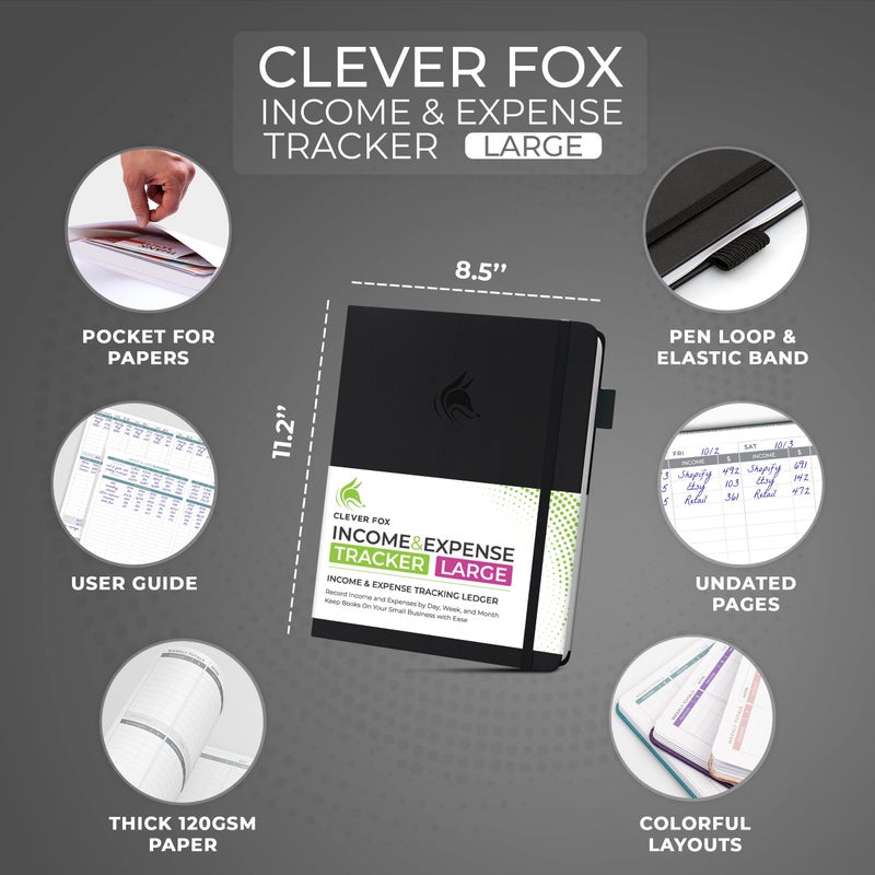 Clever Fox Income & Expense Tracker Large â€“ Accounting & Bookkeeping Ledger Book for Small Business â€“ 2-Year Record Notebook, A4 (Black) - Image 2