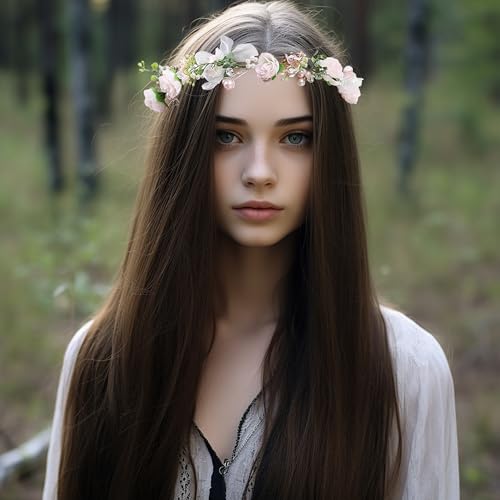 LLinfflr Rose Flower Crown Boho Flower Headband Hair Wreath Floral Halo Headpiece with Ribbon Wedding Party Pink - Image 2