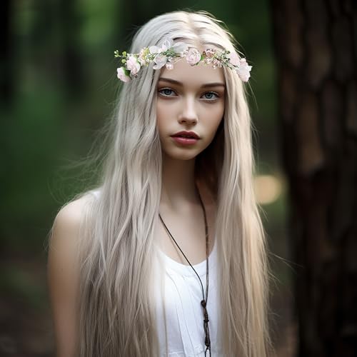 LLinfflr Rose Flower Crown Boho Flower Headband Hair Wreath Floral Halo Headpiece with Ribbon Wedding Party Pink - Image 4