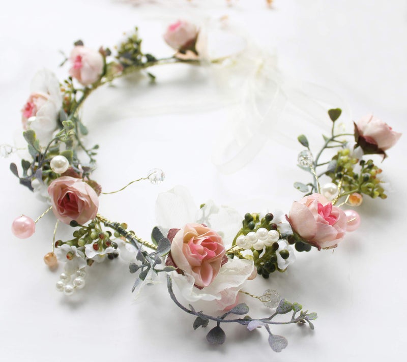 LLinfflr Rose Flower Crown Boho Flower Headband Hair Wreath Floral Halo Headpiece with Ribbon Wedding Party Pink - Image 3