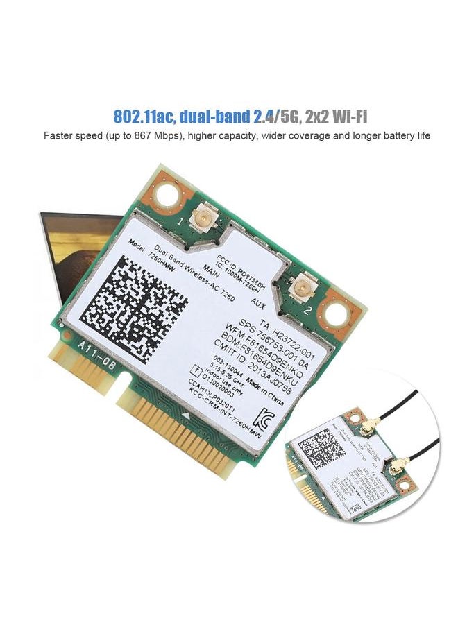 For Intel 7260AC 7260HMW Dual Band 2.4/5G Bluetooth 4.0 Network Card with 2PCS 6DBi Antenna