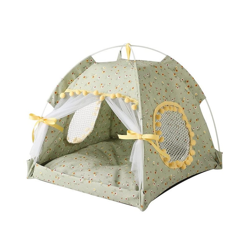 Selena Cat Bed Tents Dog House Indoor Outdoor Lace Mesh Breathable Windows Door Curtains Removable Portable Nest Teepe House (Small,Green&Yellow) - Image 1