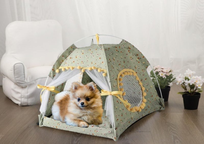 Selena Cat Bed Tents Dog House Indoor Outdoor Lace Mesh Breathable Windows Door Curtains Removable Portable Nest Teepe House (Small,Green&Yellow) - Image 2