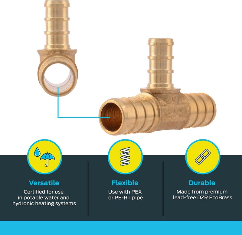SharkBite Economical upgraded quality 1/2 Inch x 1/2 Inch x 3/8 Inch Crimp Reducing Tee, Brass Plumbing Fitting, PEX Pipe, PE-RT, UC363LFA Easy transit optimized build - Image 4