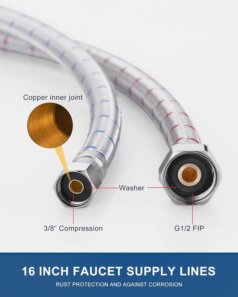 ALEASHA 16'' Length Faucet Supply Line, Stainless Steel Braided cUPC Sink Hose with G1/2" FIP x 3/8" Compression Supply Hose for Sink Faucet Bathroom Kitchen Faucet Connector Water Supply Line 2 PCS - Image 3