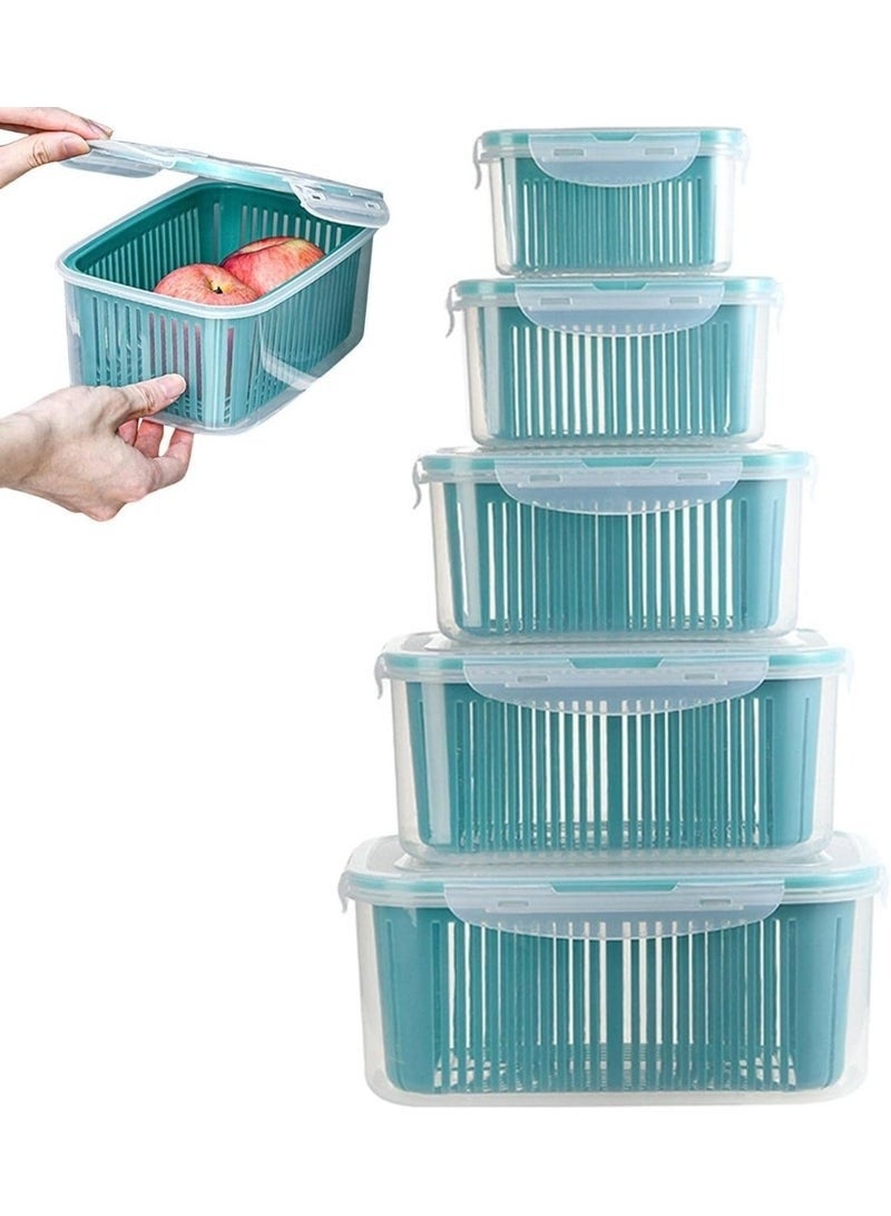 هابي هوم علب لتخزين الطعام للثلاجة من البلاستيك حافظة للمواد الغذائية قابلة للتكديس مكونة 5 قطع لتنظيم الثلاجة مع سلال تصريف للفواكه والخضروات وسلطة الفواكه - Image 2