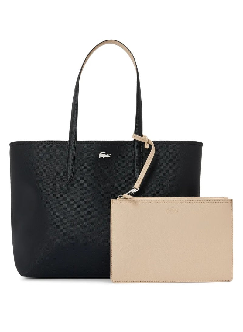 لاكوست حقيبة يد نسائية كبيرة الحجم ذات وجهين وسعة كبيرة بلونين من لاكوست، أنيقة ومتعددة الوظائف، لون أسود/مشمشي - Image 1