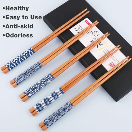 GLAMFIELDS Bamboo Chopsticks Reusable Japanese Style Lightweight 5 Pairs Ramen Chop Sticks Case Gift Set - Image 4