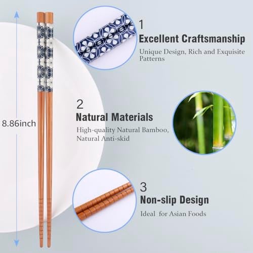 GLAMFIELDS Bamboo Chopsticks Reusable Japanese Style Lightweight 5 Pairs Ramen Chop Sticks Case Gift Set - Image 2