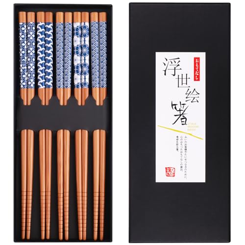 GLAMFIELDS Bamboo Chopsticks Reusable Japanese Style Lightweight 5 Pairs Ramen Chop Sticks Case Gift Set - Image 1