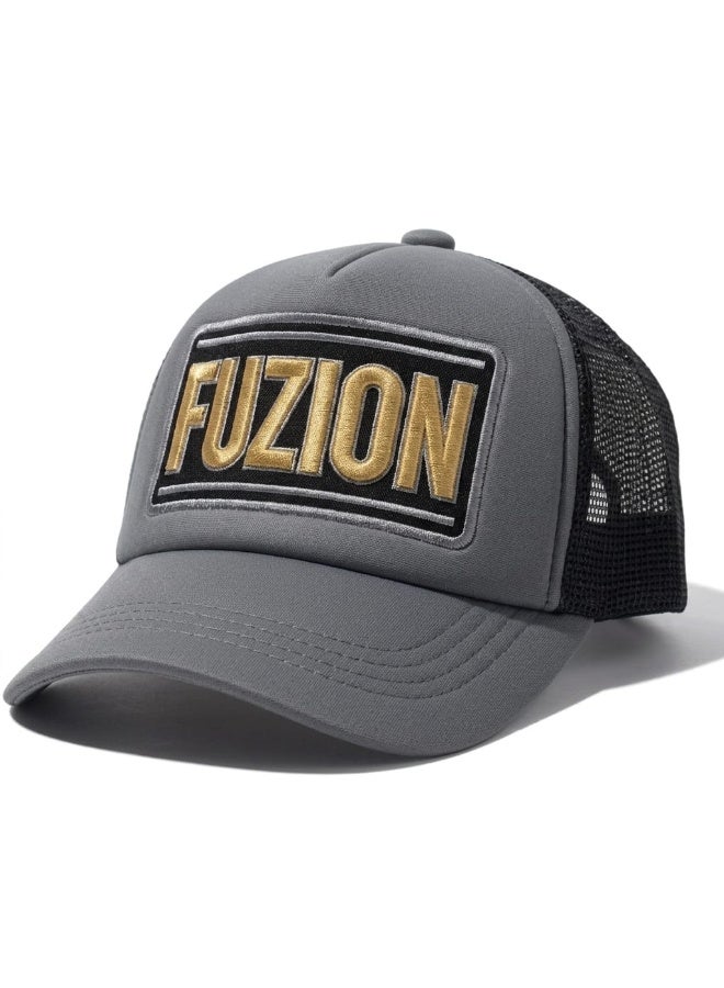 FUZION Grey & Black Mesh Trucker Cap – Bold 3D Embroidered Logo – Adjustable Unisex Fit