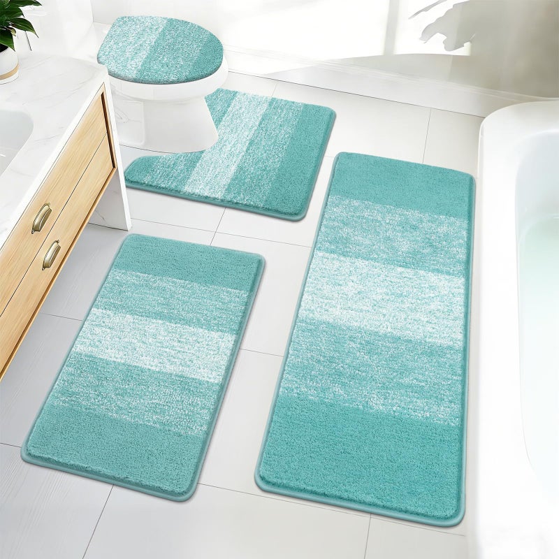 Bsmathom Bathroom Rugs Sets 4 Piece, Soft Absorbent Microfiber Bath Rugs with U-Shaped Contour Toilet Rug and Toilet Lid Cover, Thick Non-Slip Plush Shaggy Bath Mat Set,Teal - Image 1