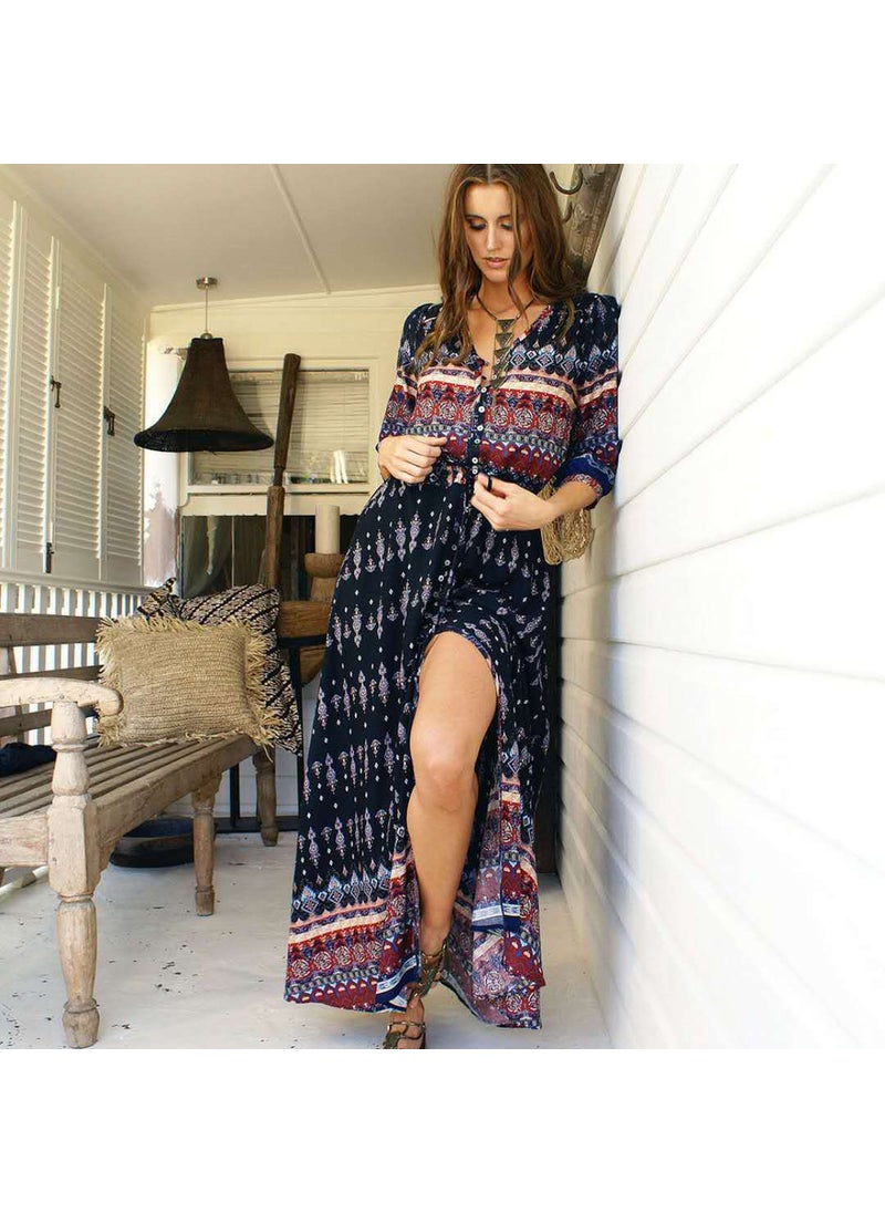 Generic - Bohemian Print Elegant Dress 4 Colors Beach Skirt Wine red - Image 1
