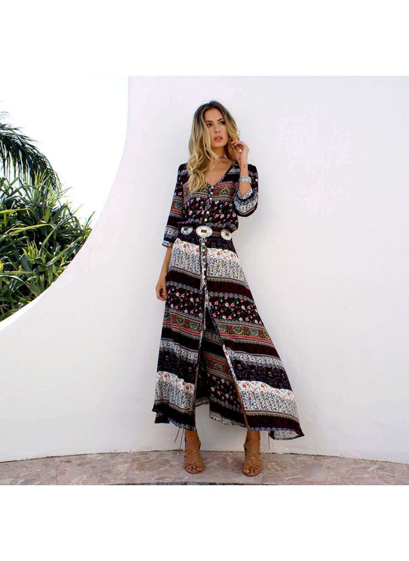 Generic - Bohemian Print Elegant Dress 4 Colors Beach Skirt Wine red - Image 1
