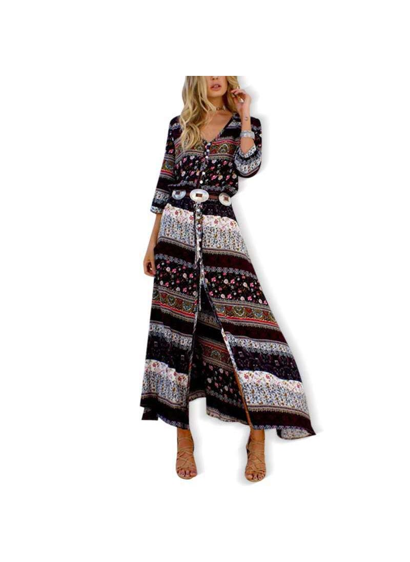 Generic - Bohemian Print Elegant Dress 4 Colors Beach Skirt Wine red - Image 1