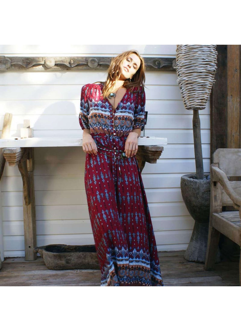 Generic - Bohemian Print Elegant Dress 4 Colors Beach Skirt Wine red - Image 1