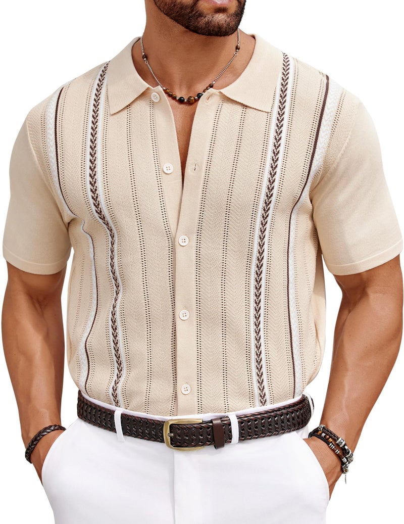 COOFANDY Mens Beach Shirts Cuban Crochet Shirt Short Sleeve Button Down Shirts Trendy Old Money Clothes Bowling Shirts Khaki Cream Beige XL - Image 2