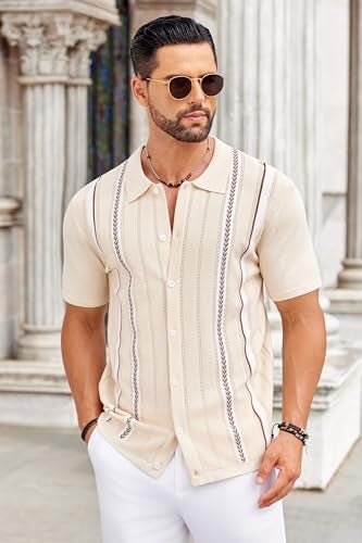 COOFANDY Mens Beach Shirts Cuban Crochet Shirt Short Sleeve Button Down Shirts Trendy Old Money Clothes Bowling Shirts Khaki Cream Beige XL - Image 3