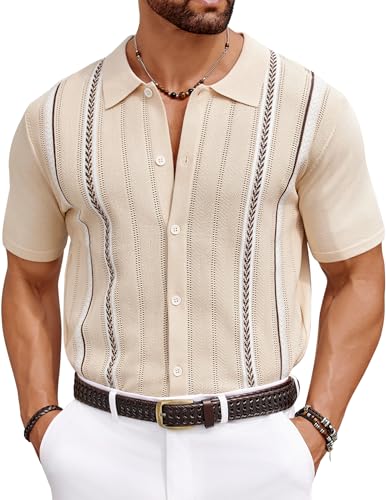 COOFANDY Mens Beach Shirts Cuban Crochet Shirt Short Sleeve Button Down Shirts Trendy Old Money Clothes Bowling Shirts Khaki Cream Beige XL - Image 1