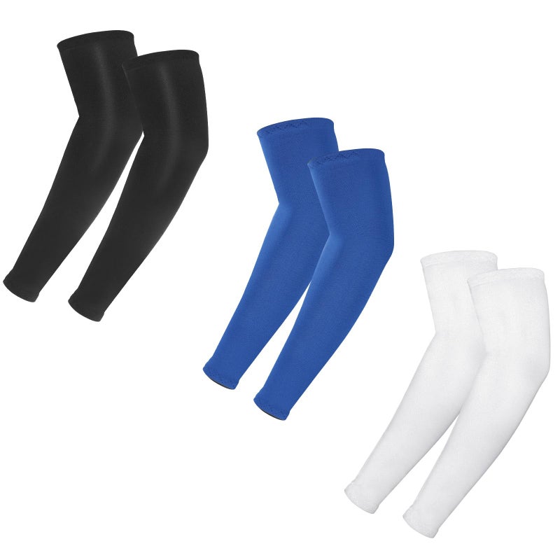 BOHUIZ 3Pairs Arm Sleeves for Kids, Outdoor Breathable Elastic Ice Sleeve Sun Protection Cooling Arm Compression Sleeves for Youth Boys Girls Basketball Football Baseball Sports(Black+White+Blue) - Image 1